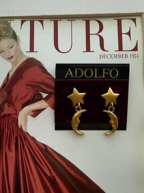 Adolfo Gold Star and Crescent Moon Drop Earrings